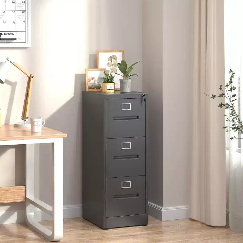 VIYET 40H 3-Drawer Narrow Metal Vertical File Cabinet with Lock, Black Steel Filing Cabinet for Home Office, Fits A4/Legal/Letter (Assembly Required)