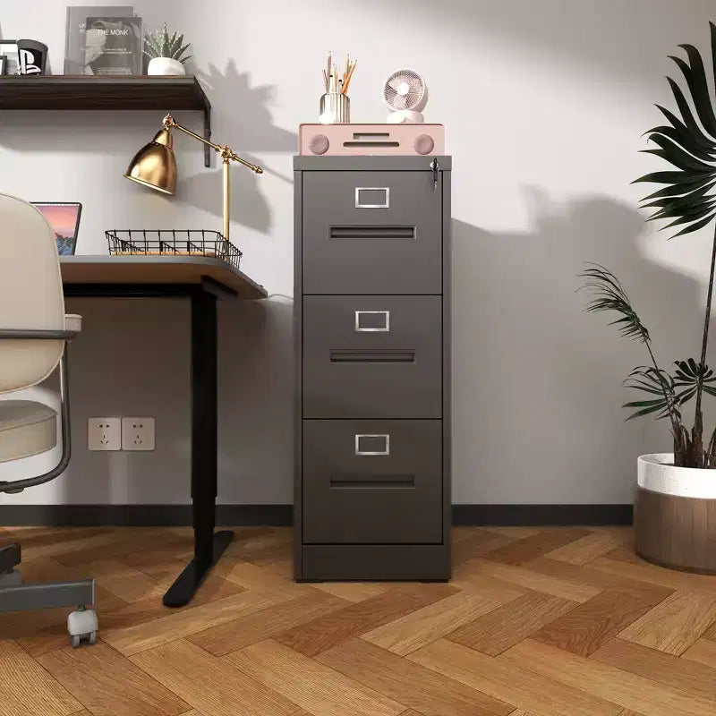 VIYET 40H 3-Drawer Narrow Metal Vertical File Cabinet with Lock, Black Steel Filing Cabinet for Home Office, Fits A4/Legal/Letter (Assembly Required)