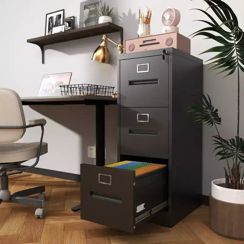VIYET 40H 3-Drawer Narrow Metal Vertical File Cabinet with Lock, Black Steel Filing Cabinet for Home Office, Fits A4/Legal/Letter (Assembly Required)