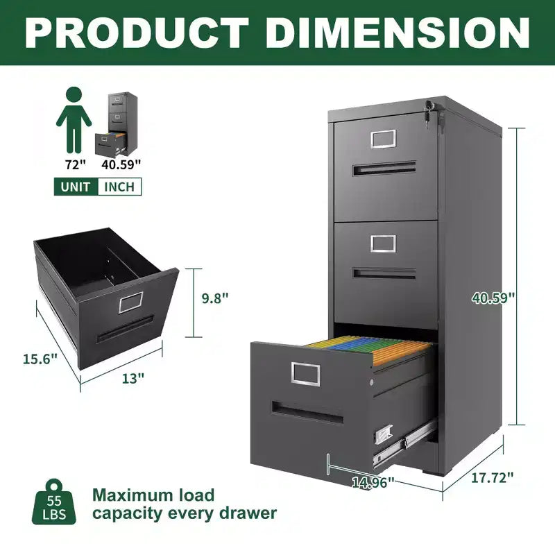 VIYET 40H 3-Drawer Narrow Metal Vertical File Cabinet with Lock, Black Steel Filing Cabinet for Home Office, Fits A4/Legal/Letter (Assembly Required)