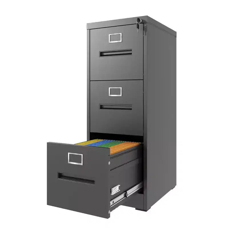 VIYET 40H 3-Drawer Narrow Metal Vertical File Cabinet with Lock, Black Steel Filing Cabinet for Home Office, Fits A4/Legal/Letter (Assembly Required)