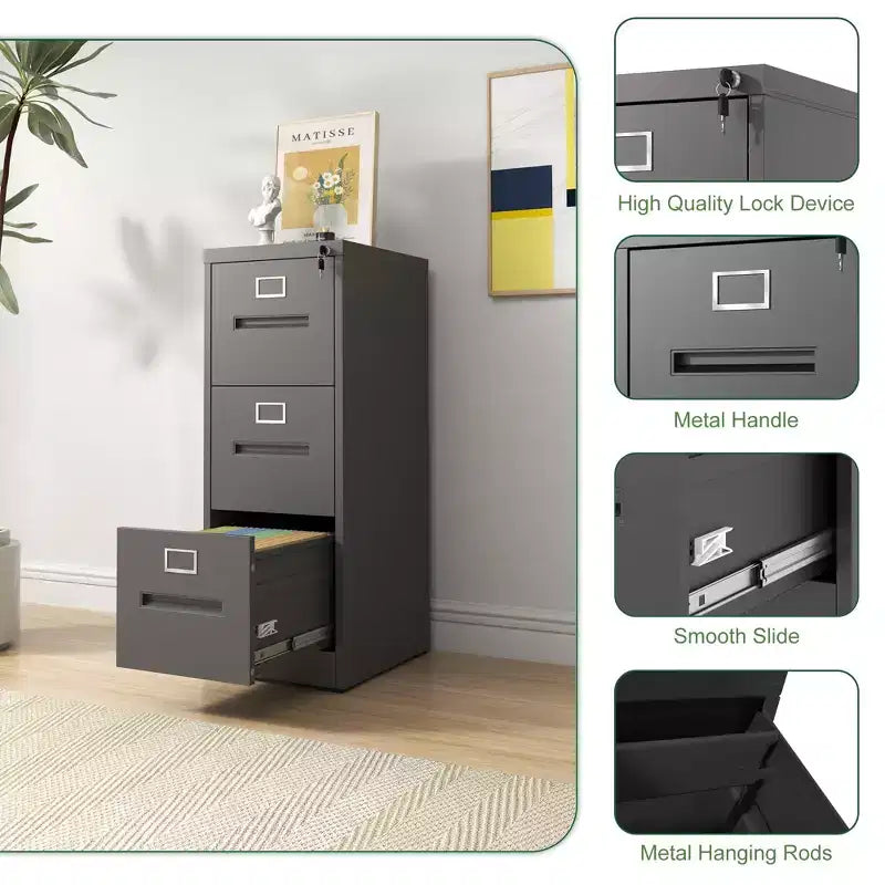 VIYET 40H 3-Drawer Narrow Metal Vertical File Cabinet with Lock, Black Steel Filing Cabinet for Home Office, Fits A4/Legal/Letter (Assembly Required)
