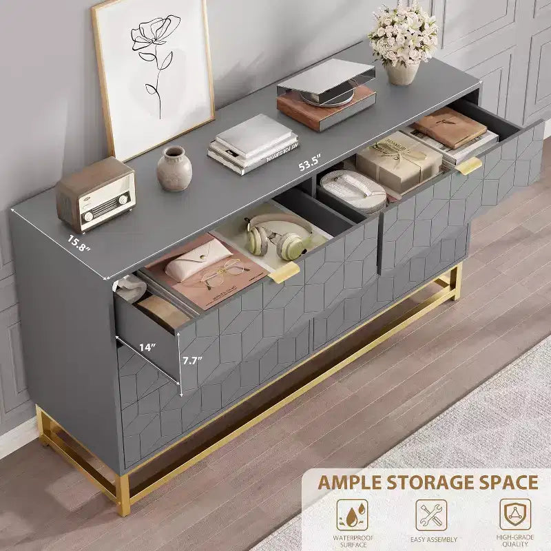 53.5 6-Drawer Dresser with Metal Legs, Modern Wide Chest Organizer for Bedroom, Living Room, Entryway