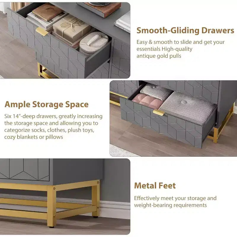 53.5 6-Drawer Dresser with Metal Legs, Modern Wide Chest Organizer for Bedroom, Living Room, Entryway