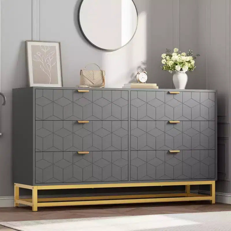 53.5 6-Drawer Dresser with Metal Legs, Modern Wide Chest Organizer for Bedroom, Living Room, Entryway