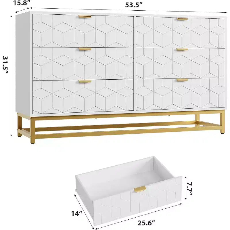 53.5 6-Drawer Dresser with Metal Legs, Modern Wide Chest Organizer for Bedroom, Living Room, Entryway