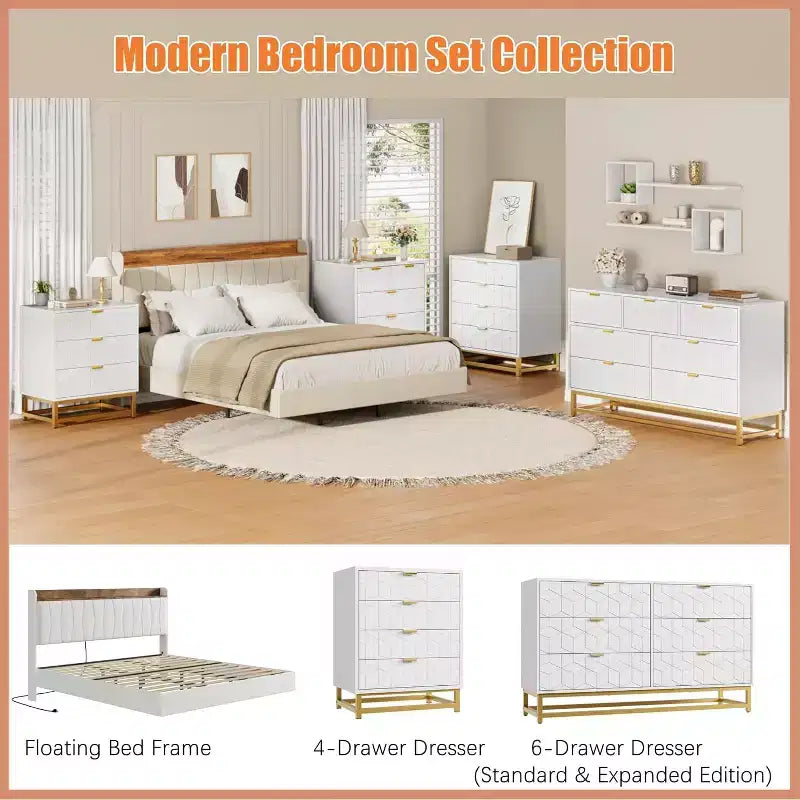 53.5 6-Drawer Dresser with Metal Legs, Modern Wide Chest Organizer for Bedroom, Living Room, Entryway