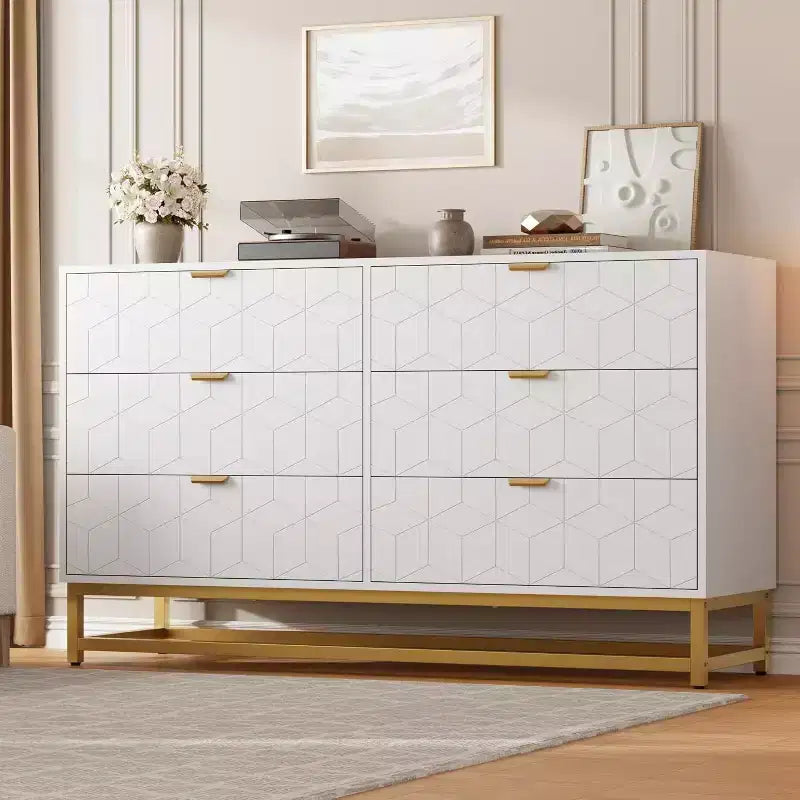 53.5 6-Drawer Dresser with Metal Legs, Modern Wide Chest Organizer for Bedroom, Living Room, Entryway