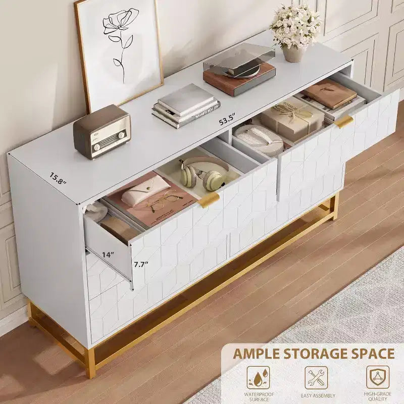 53.5 6-Drawer Dresser with Metal Legs, Modern Wide Chest Organizer for Bedroom, Living Room, Entryway