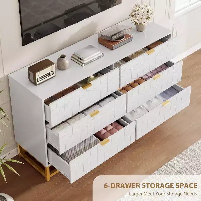 53.5 6-Drawer Dresser with Metal Legs, Modern Wide Chest Organizer for Bedroom, Living Room, Entryway