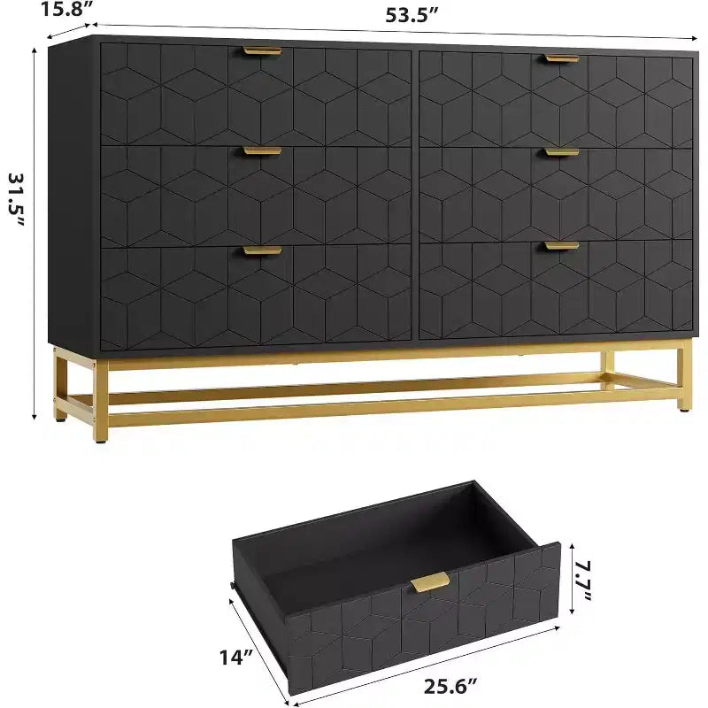 53.5 6-Drawer Dresser with Metal Legs, Modern Wide Chest Organizer for Bedroom, Living Room, Entryway