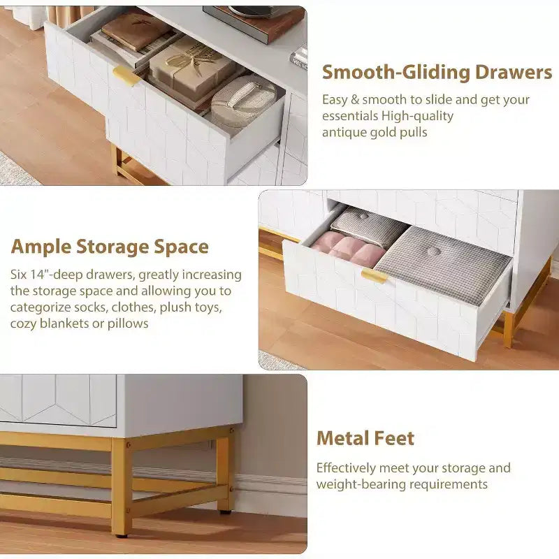 53.5 6-Drawer Dresser with Metal Legs, Modern Wide Chest Organizer for Bedroom, Living Room, Entryway
