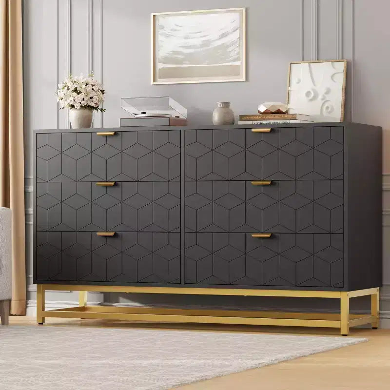 53.5 6-Drawer Dresser with Metal Legs, Modern Wide Chest Organizer for Bedroom, Living Room, Entryway