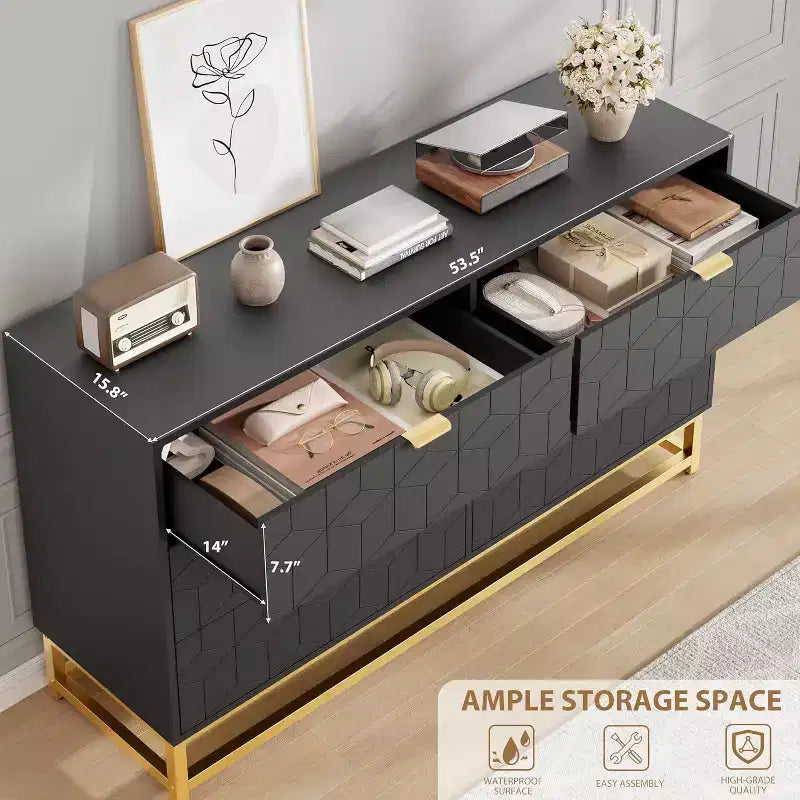 53.5 6-Drawer Dresser with Metal Legs, Modern Wide Chest Organizer for Bedroom, Living Room, Entryway