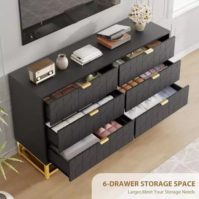 53.5 6-Drawer Dresser with Metal Legs, Modern Wide Chest Organizer for Bedroom, Living Room, Entryway