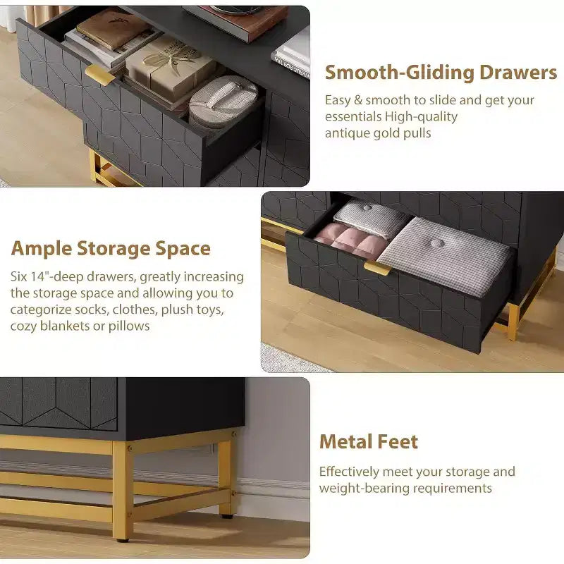 53.5 6-Drawer Dresser with Metal Legs, Modern Wide Chest Organizer for Bedroom, Living Room, Entryway