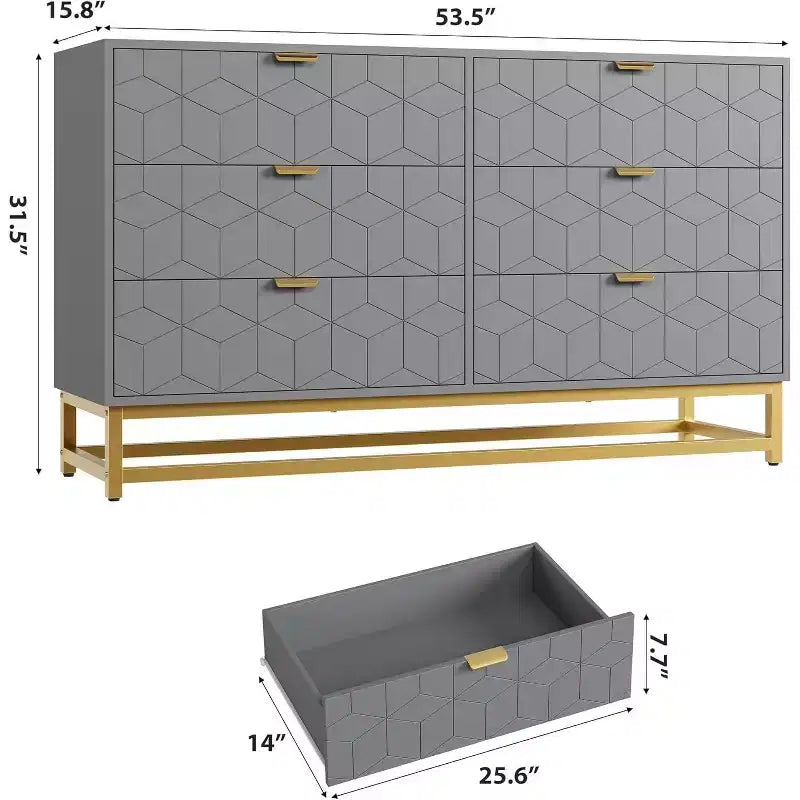 53.5 6-Drawer Dresser with Metal Legs, Modern Wide Chest Organizer for Bedroom, Living Room, Entryway