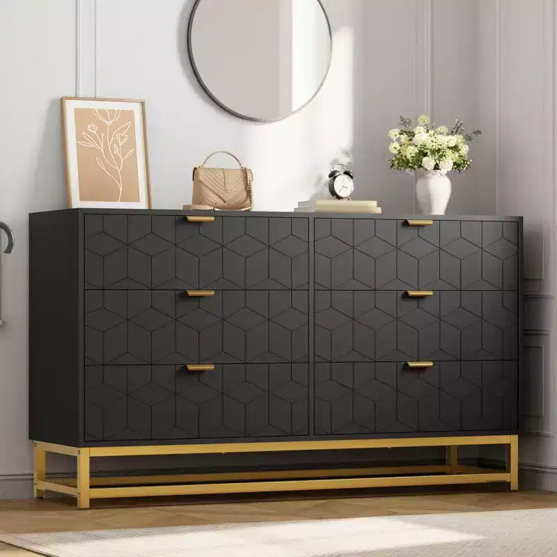53.5 6-Drawer Dresser with Metal Legs, Modern Wide Chest Organizer for Bedroom, Living Room, Entryway