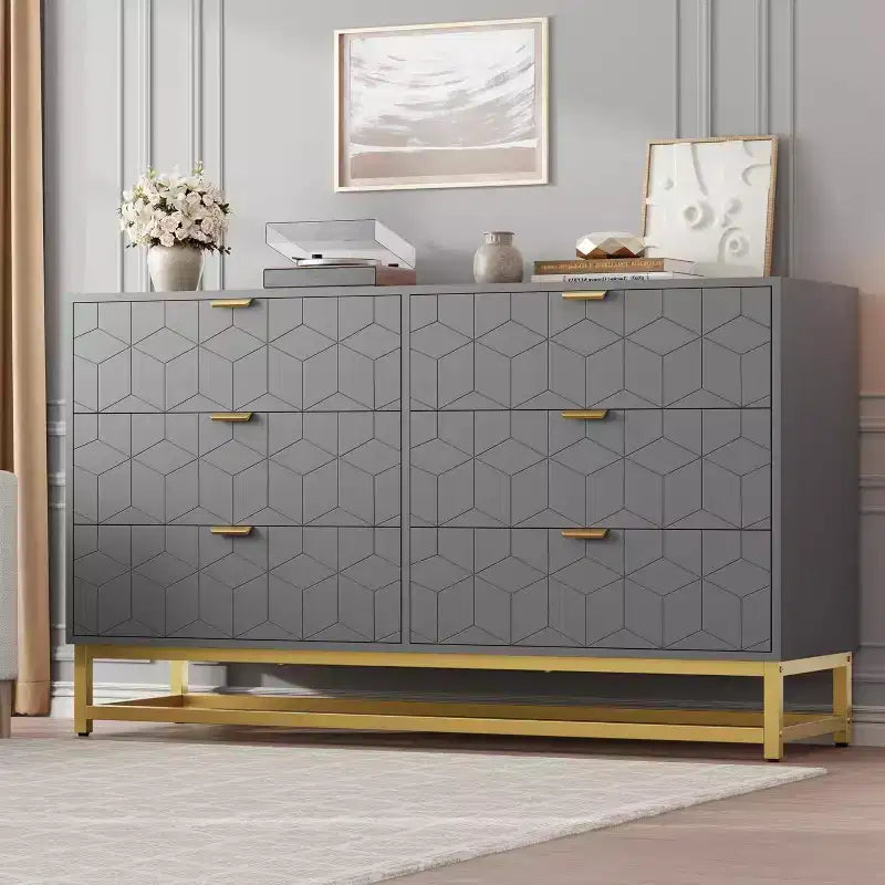 53.5 6-Drawer Dresser with Metal Legs, Modern Wide Chest Organizer for Bedroom, Living Room, Entryway