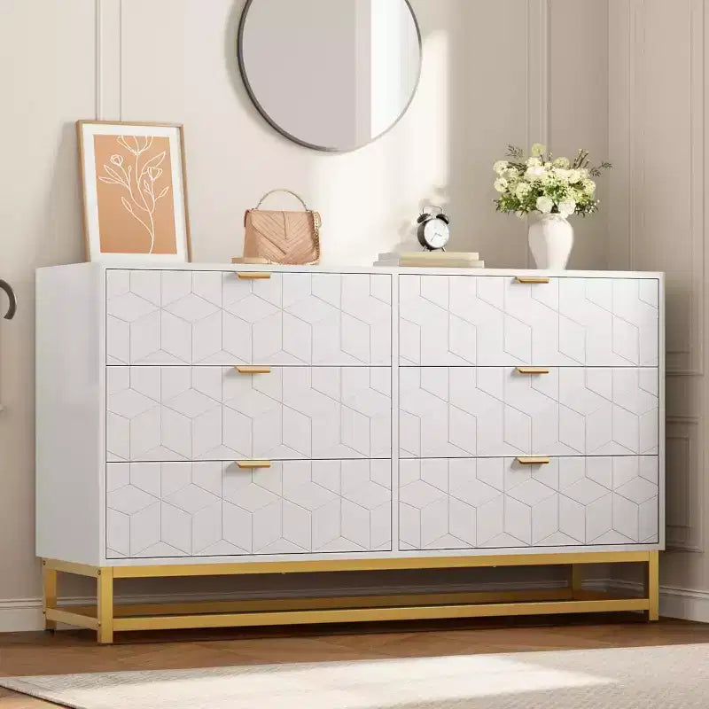 53.5 6-Drawer Dresser with Metal Legs, Modern Wide Chest Organizer for Bedroom, Living Room, Entryway