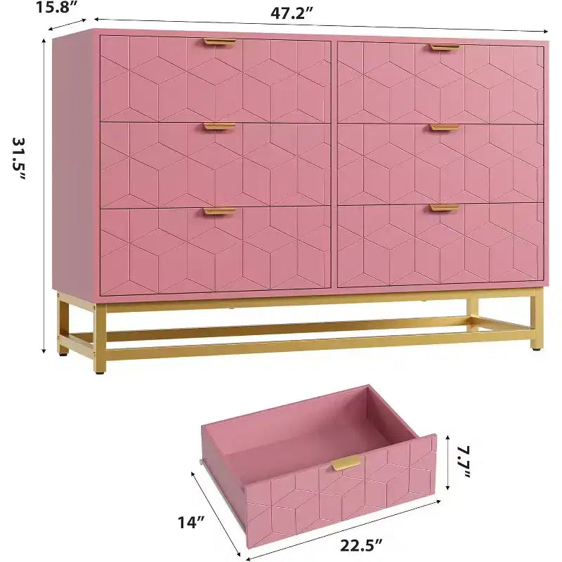 Modern 6-Drawer Double Dresser with Gold Handles, Pink Storage Organizer for Bedroom, TV Stand, Closet, Living Room, Hallway