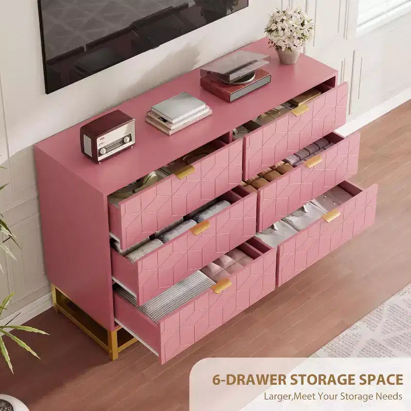Modern 6-Drawer Double Dresser with Gold Handles, Pink Storage Organizer for Bedroom, TV Stand, Closet, Living Room, Hallway