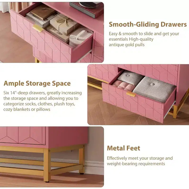 Modern 6-Drawer Double Dresser with Gold Handles, Pink Storage Organizer for Bedroom, TV Stand, Closet, Living Room, Hallway