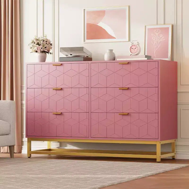 Modern 6-Drawer Double Dresser with Gold Handles, Pink Storage Organizer for Bedroom, TV Stand, Closet, Living Room, Hallway