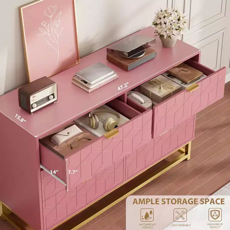 Modern 6-Drawer Double Dresser with Gold Handles, Pink Storage Organizer for Bedroom, TV Stand, Closet, Living Room, Hallway