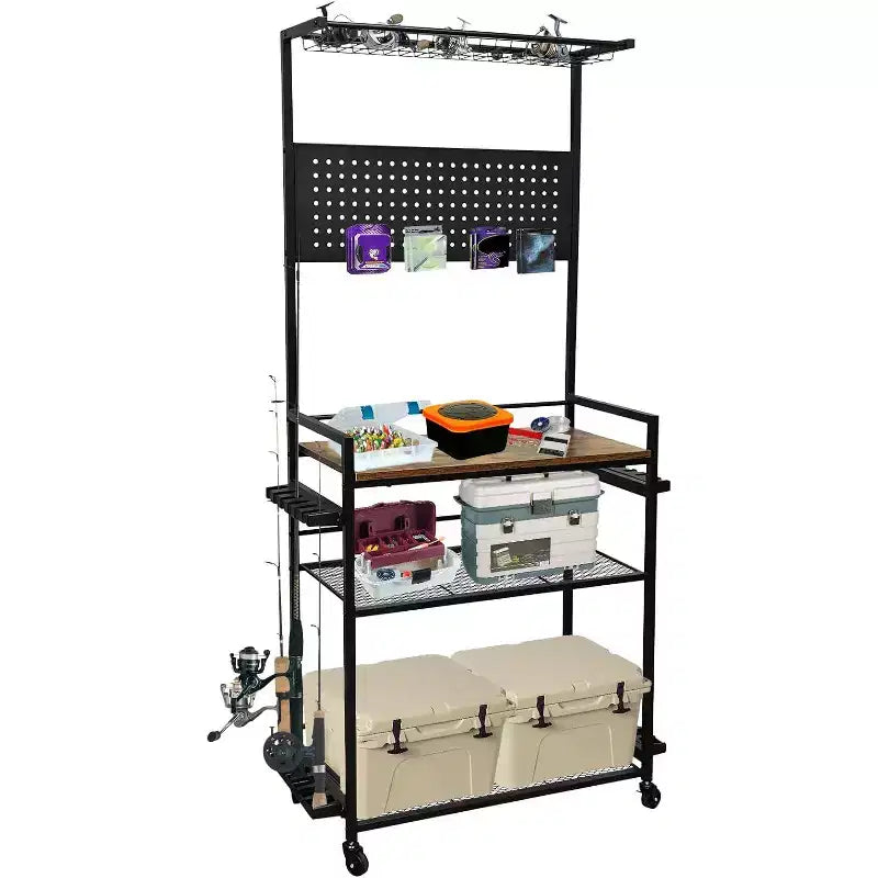 COZONY 3-Tier Fishing Rod Rack with Wheels & Pegboard, Metal Rod Holder Organizer for Up to 12 Rods, Fishing Gear Organizer with Lockable Casters