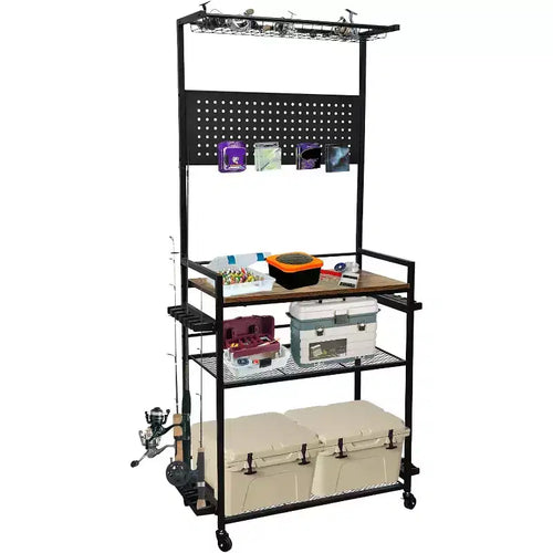 COZONY 3-Tier Fishing Rod Rack with Wheels & Pegboard, Metal Rod Holder Organizer for Up to 12 Rods, Fishing Gear Organizer with Lockable Casters
