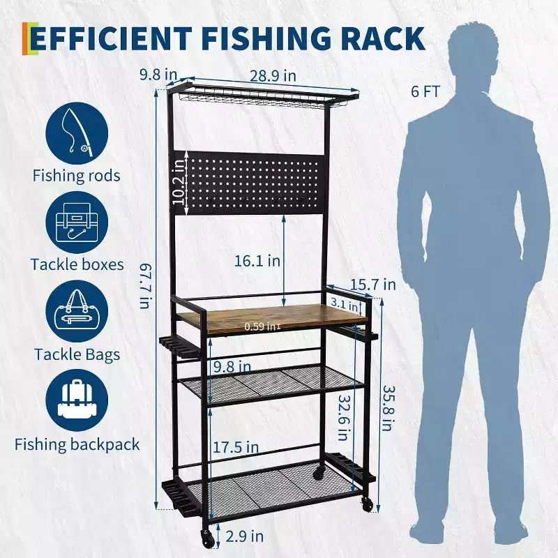 COZONY 3-Tier Fishing Rod Rack with Wheels & Pegboard, Metal Rod Holder Organizer for Up to 12 Rods, Fishing Gear Organizer with Lockable Casters