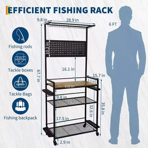 COZONY 3-Tier Fishing Rod Rack with Wheels & Pegboard, Metal Rod Holder Organizer for Up to 12 Rods, Fishing Gear Organizer with Lockable Casters