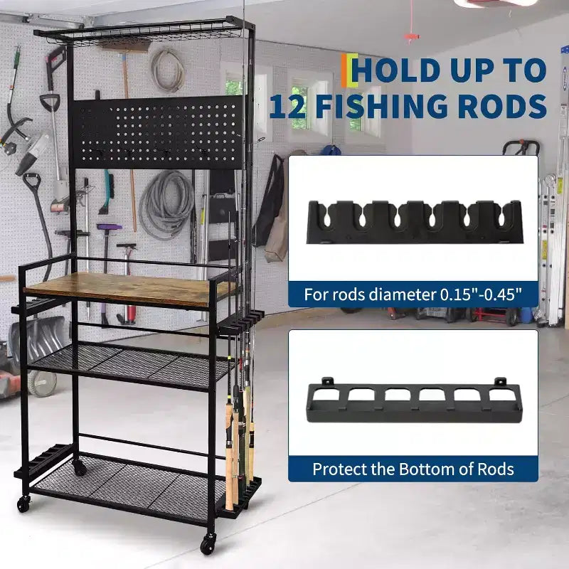 COZONY 3-Tier Fishing Rod Rack with Wheels & Pegboard, Metal Rod Holder Organizer for Up to 12 Rods, Fishing Gear Organizer with Lockable Casters