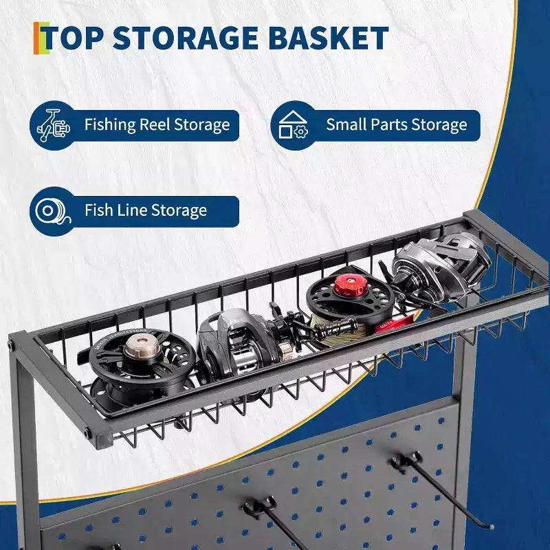 COZONY 3-Tier Fishing Rod Rack with Wheels & Pegboard, Metal Rod Holder Organizer for Up to 12 Rods, Fishing Gear Organizer with Lockable Casters