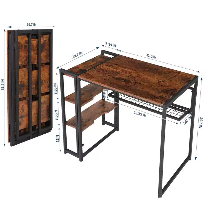 Folding Desk Writing Computer Desk with Storage Shelf,Spaces Saving Writing Sturdy Table No Assembly,for for Bedroom, Home Office, Dorm, Apartment