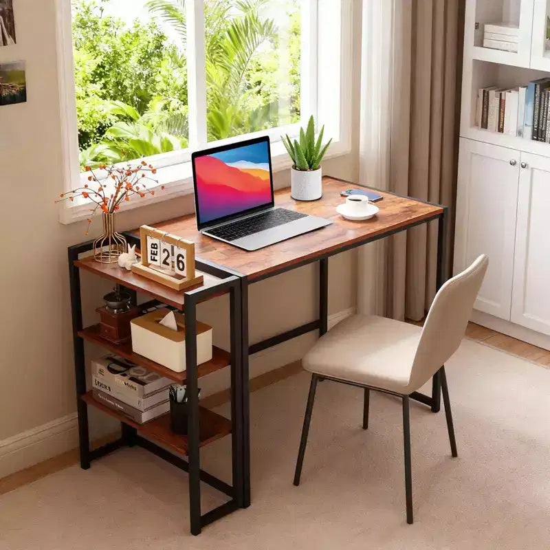 Folding Desk Writing Computer Desk with Storage Shelf,Spaces Saving Writing Sturdy Table No Assembly,for for Bedroom, Home Office, Dorm, Apartment