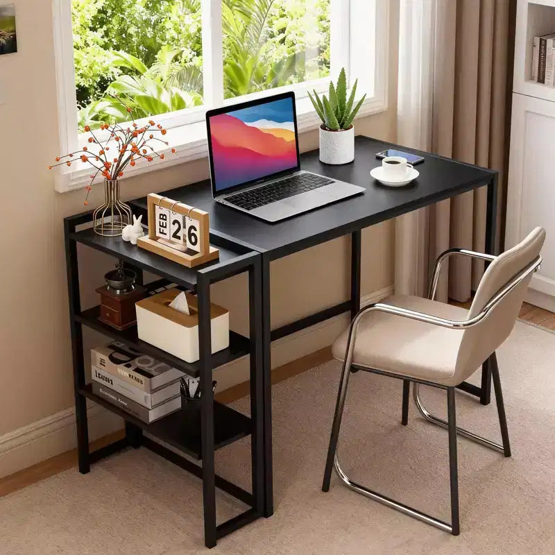 Folding Desk Writing Computer Desk with Storage Shelf,Spaces Saving Writing Sturdy Table No Assembly,for for Bedroom, Home Office, Dorm, Apartment