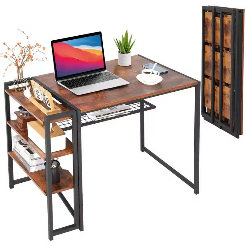 Folding Desk Writing Computer Desk with Storage Shelf,Spaces Saving Writing Sturdy Table No Assembly,for for Bedroom, Home Office, Dorm, Apartment