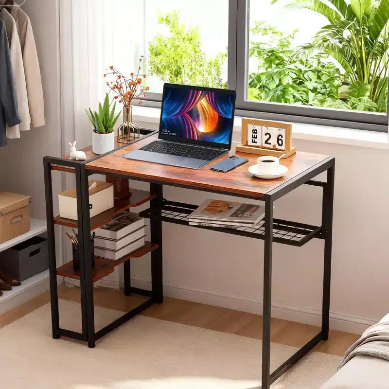 Folding Desk Writing Computer Desk with Storage Shelf,Spaces Saving Writing Sturdy Table No Assembly,for for Bedroom, Home Office, Dorm, Apartment