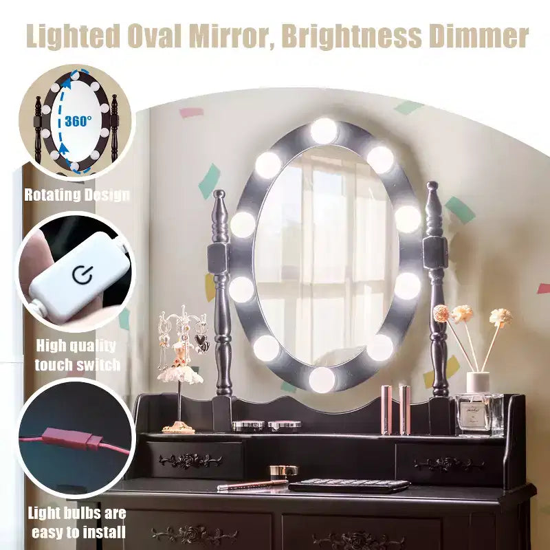 Costway Vanity Table Table 10 Dimmable Bulbs Black White Brown