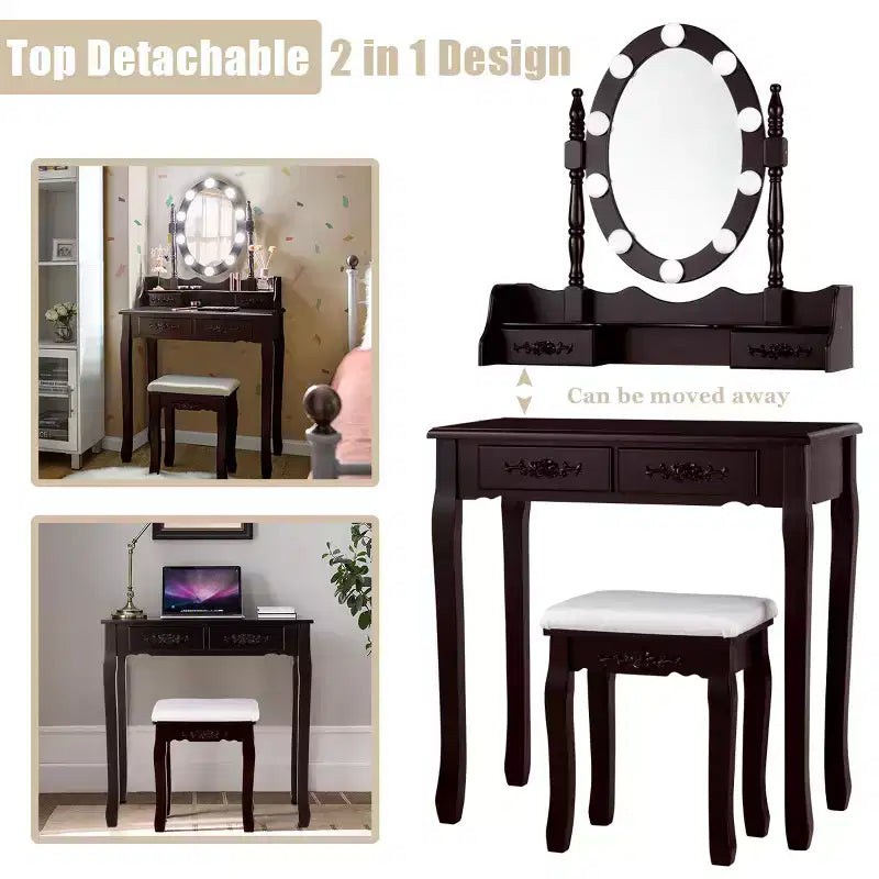 Costway Vanity Table Table 10 Dimmable Bulbs Black White Brown