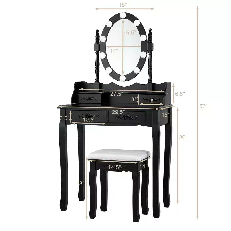 Costway Vanity Table Table 10 Dimmable Bulbs Black White Brown