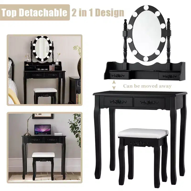 Costway Vanity Table Table 10 Dimmable Bulbs Black White Brown