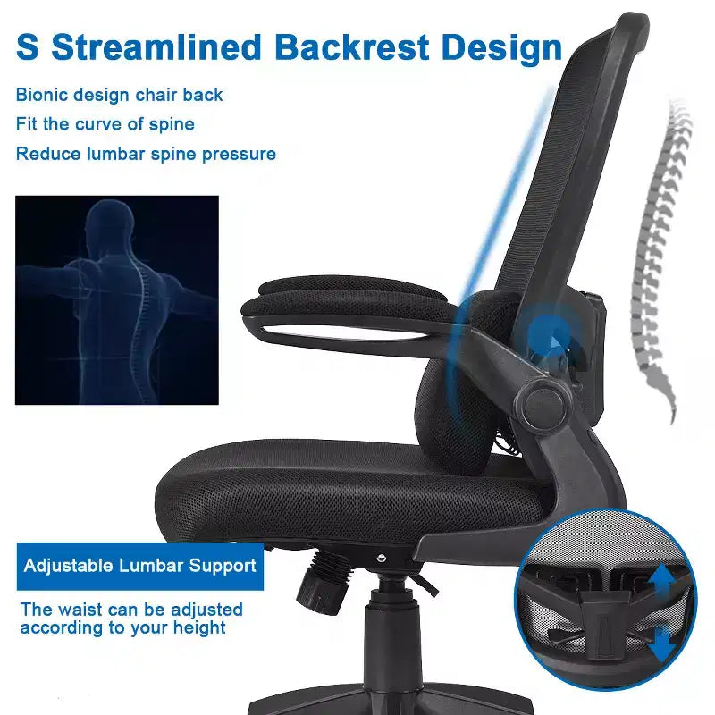 Costway Mesh Office Chair Adjustable Height&Lumbar Support Flip up Armrest Black