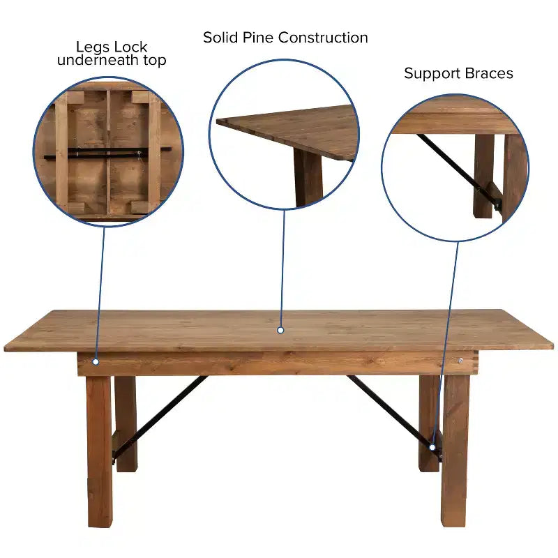 Merrick Lane Rectangular Antique Solid Pine Folding Farm Table